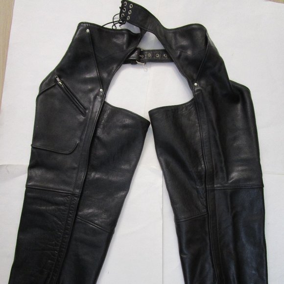 5X 5XL Black Leather Motorcycle Chaps Pants Mesh Lining - Picture 2 of 11